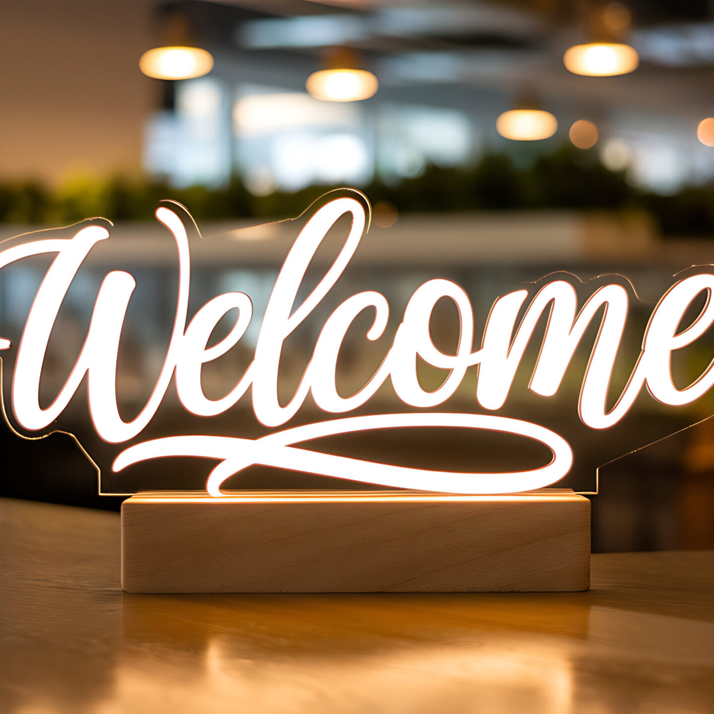 Illuminated Welcome Sign on Wooden Base