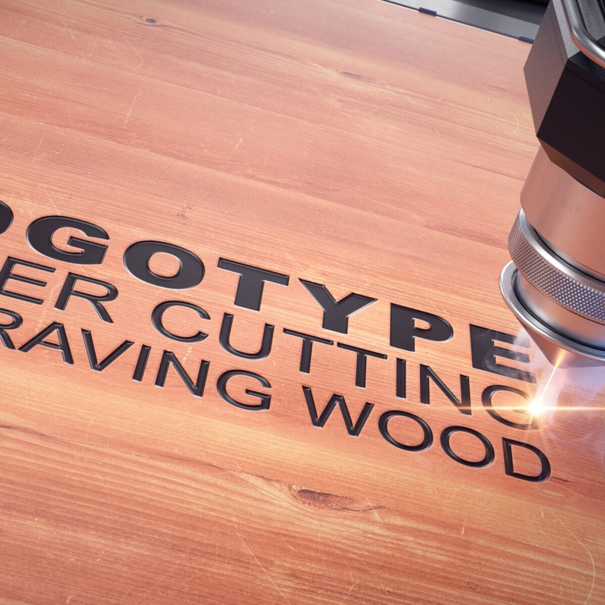 Laser cutter close up, engraved logo on a wooden board.